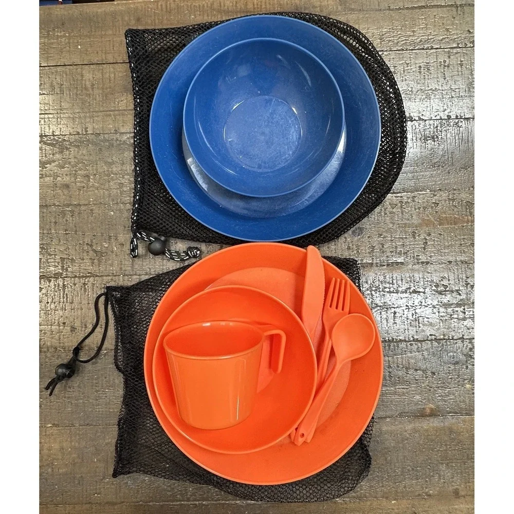 Misc Plastic Camping Plates, Cup, Bowls, Utensils & Mesh Bags  Lot of 10 Pieces